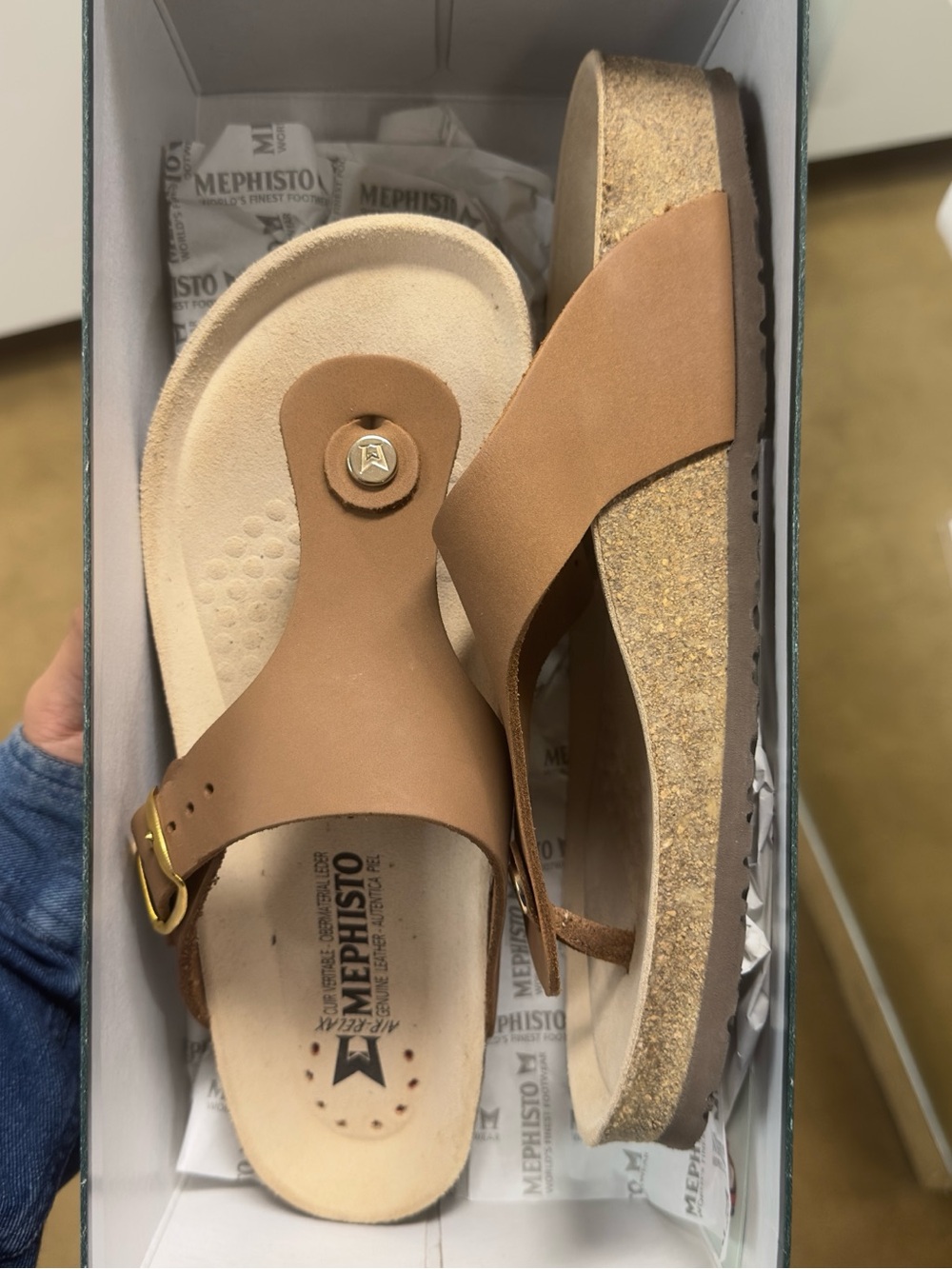 Mephisto Tan Leather Cork Wedge Thong Sandals